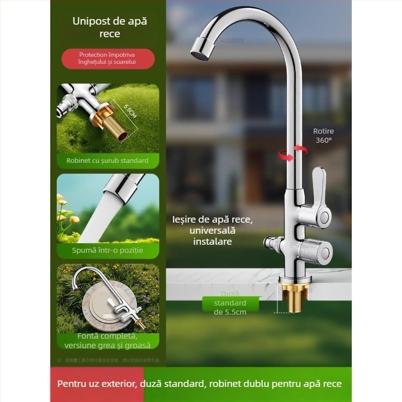 Robinet de apă antiîngheț pentru exterior, pentru lavoar de curte, cupru, robinet amestec cu rotire la 360°, disc ceramic, model cu piuliță extinsă, 0–99°C