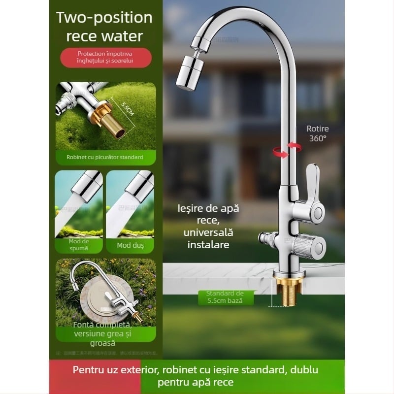 Robinet de apă antiîngheț pentru exterior, pentru lavoar de curte, cupru, robinet amestec cu rotire la 360°, disc ceramic, model cu piuliță extinsă, 0–99°C