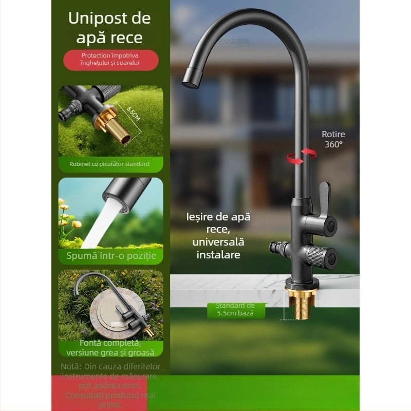 Robinet de apă antiîngheț pentru exterior, pentru lavoar de curte, cupru, robinet amestec cu rotire la 360°, disc ceramic, model cu piuliță extinsă, 0–99°C