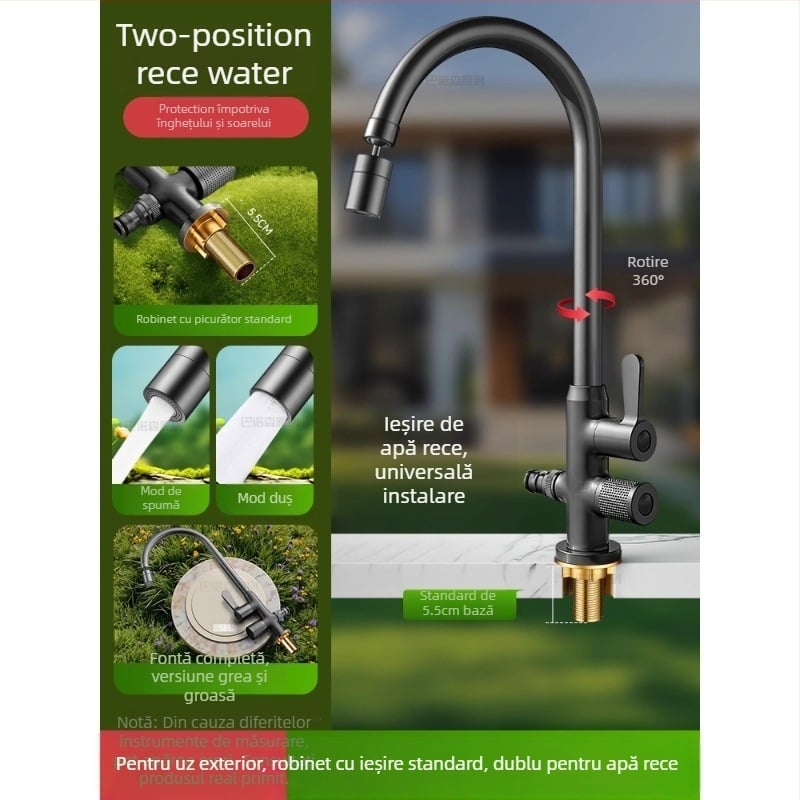 Robinet de apă antiîngheț pentru exterior, pentru lavoar de curte, cupru, robinet amestec cu rotire la 360°, disc ceramic, model cu piuliță extinsă, 0–99°C