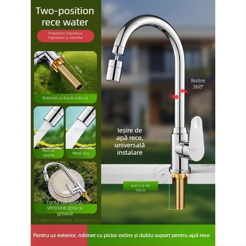 Robinet de apă antiîngheț pentru exterior, pentru lavoar de curte, cupru, robinet amestec cu rotire la 360°, disc ceramic, model cu piuliță extinsă, 0–99°C