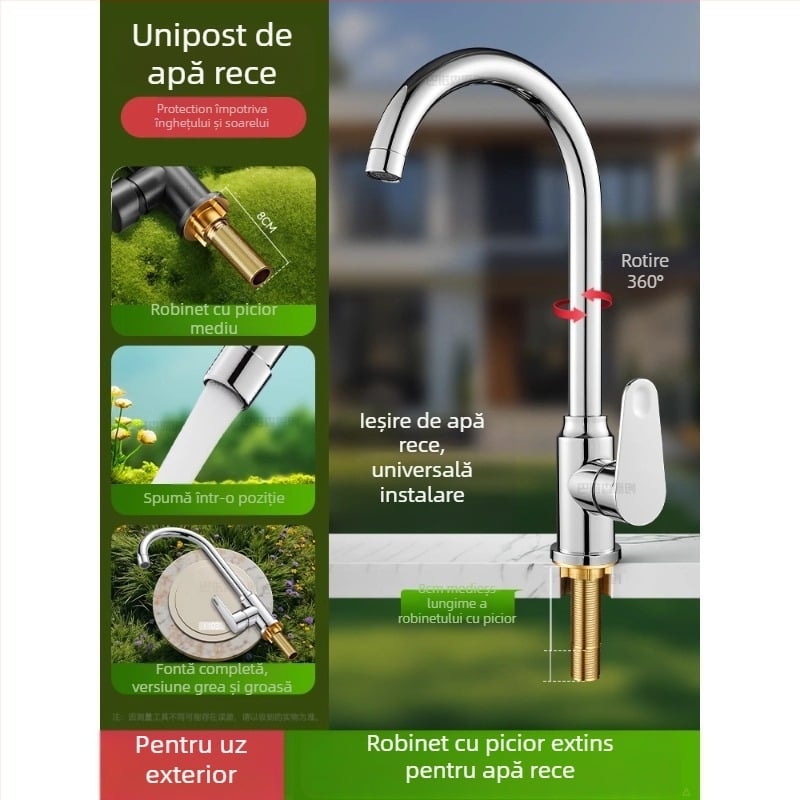 Robinet de apă antiîngheț pentru exterior, pentru lavoar de curte, cupru, robinet amestec cu rotire la 360°, disc ceramic, model cu piuliță extinsă, 0–99°C