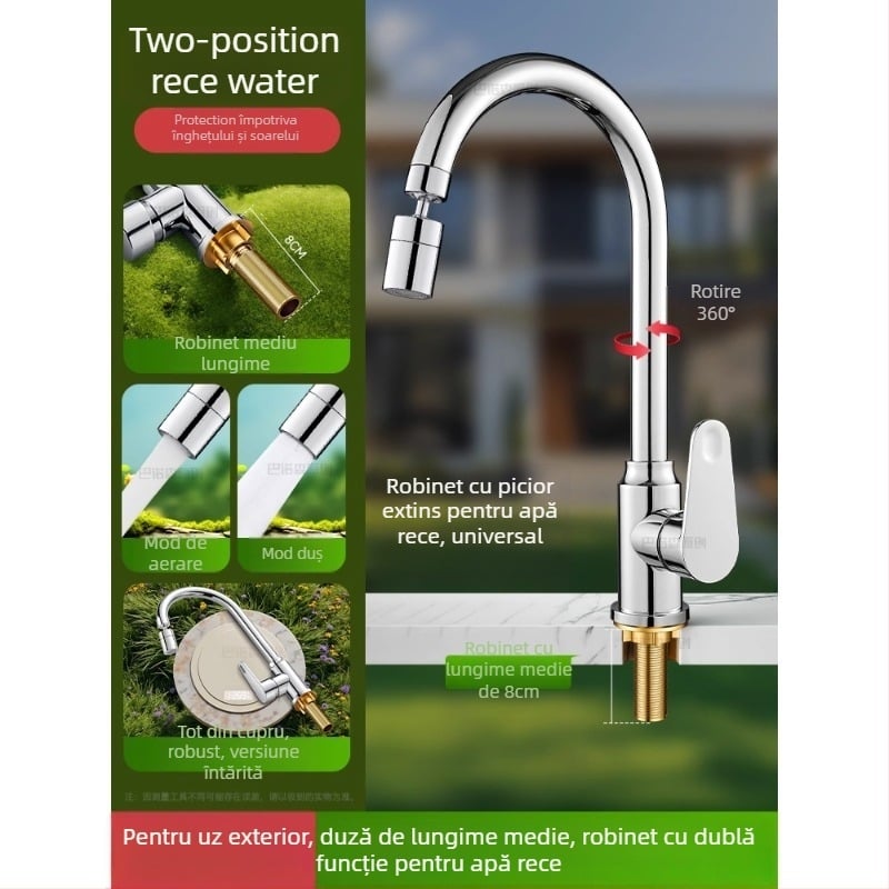 Robinet de apă antiîngheț pentru exterior, pentru lavoar de curte, cupru, robinet amestec cu rotire la 360°, disc ceramic, model cu piuliță extinsă, 0–99°C