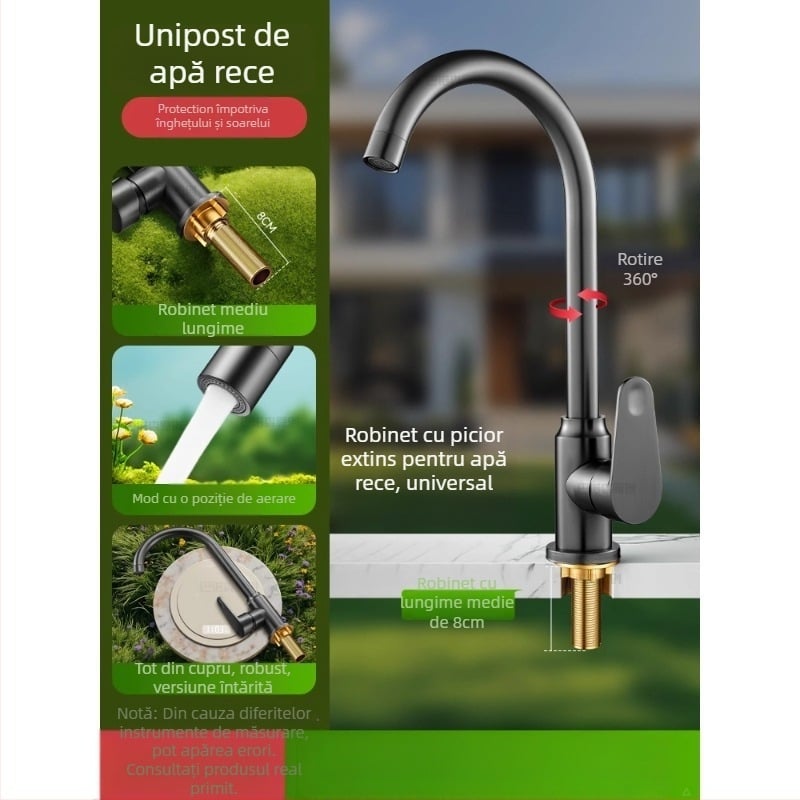 Robinet de apă antiîngheț pentru exterior, pentru lavoar de curte, cupru, robinet amestec cu rotire la 360°, disc ceramic, model cu piuliță extinsă, 0–99°C