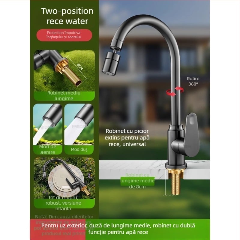 Robinet de apă antiîngheț pentru exterior, pentru lavoar de curte, cupru, robinet amestec cu rotire la 360°, disc ceramic, model cu piuliță extinsă, 0–99°C