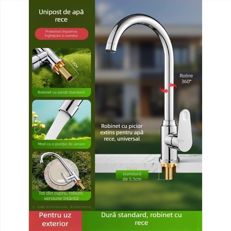 Robinet de apă antiîngheț pentru exterior, pentru lavoar de curte, cupru, robinet amestec cu rotire la 360°, disc ceramic, model cu piuliță extinsă, 0–99°C