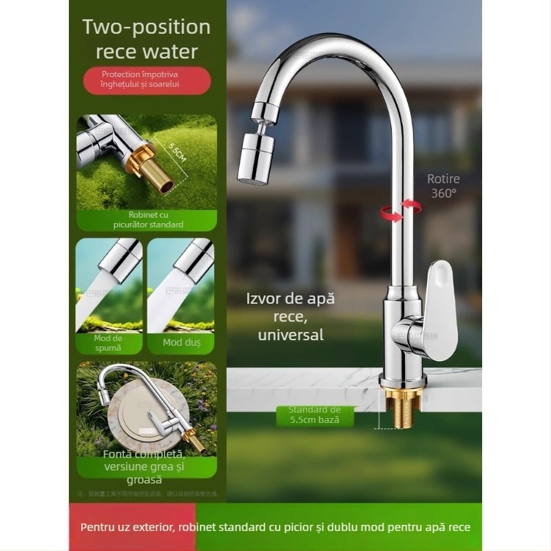 Robinet de apă antiîngheț pentru exterior, pentru lavoar de curte, cupru, robinet amestec cu rotire la 360°, disc ceramic, model cu piuliță extinsă, 0–99°C