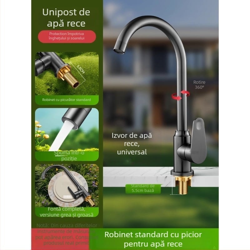 Robinet de apă antiîngheț pentru exterior, pentru lavoar de curte, cupru, robinet amestec cu rotire la 360°, disc ceramic, model cu piuliță extinsă, 0–99°C