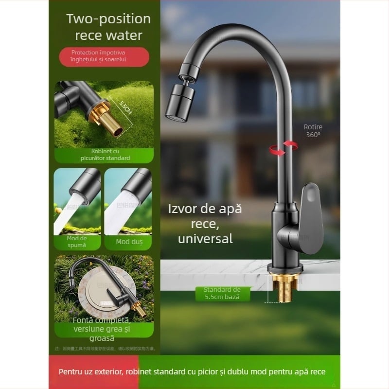 Robinet de apă antiîngheț pentru exterior, pentru lavoar de curte, cupru, robinet amestec cu rotire la 360°, disc ceramic, model cu piuliță extinsă, 0–99°C