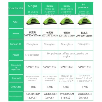 Cort de camping cu un singur strat, pentru patru sezoane; greutate 1,2 kg; țesătură exterioară impermeabilă 1000–1500 mm; podea impermeabilă 1500 mm