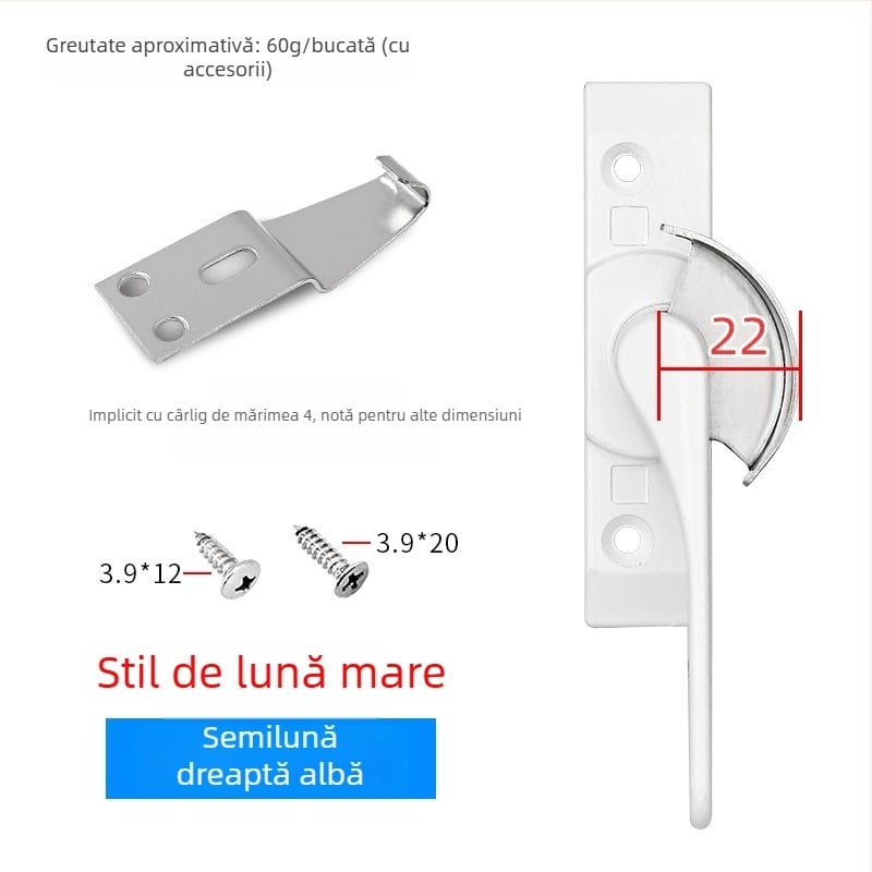 Cuplă cu cârlig în formă de semilună pentru uși și ferestre, din aliaj de aluminiu și oțel inoxidabil, pentru ferestre glisante, protecție pentru copii