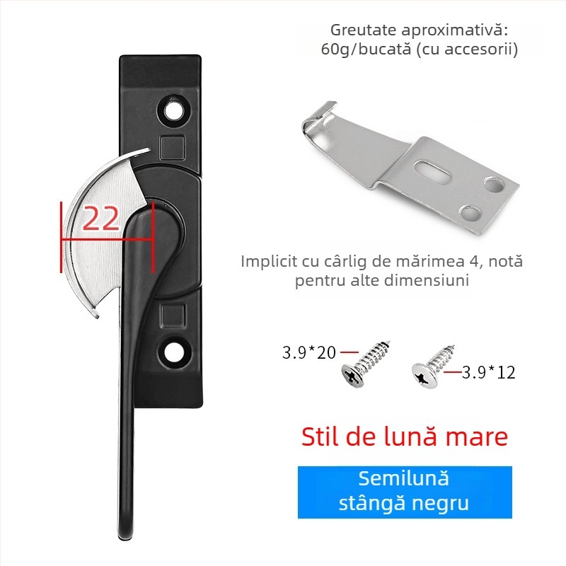 Cuplă cu cârlig în formă de semilună pentru uși și ferestre, din aliaj de aluminiu și oțel inoxidabil, pentru ferestre glisante, protecție pentru copii