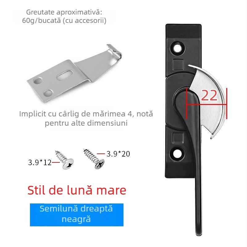 Cuplă cu cârlig în formă de semilună pentru uși și ferestre, din aliaj de aluminiu și oțel inoxidabil, pentru ferestre glisante, protecție pentru copii