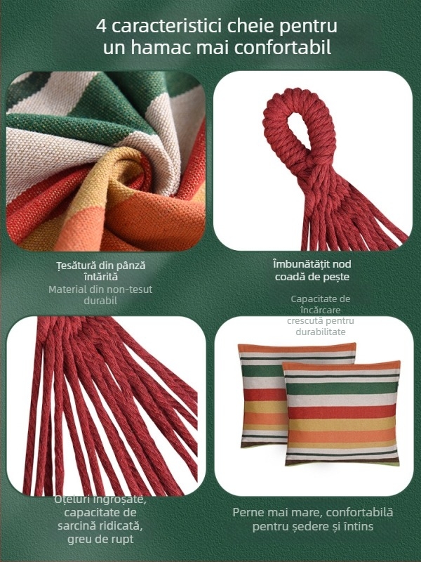 Hamac din pânză, fără suport, capacitate încărcare 150 kg, greutate 2 kg, personalizabil.