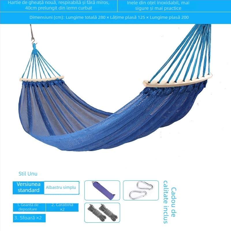 Hamac exterior din plasă respirabilă pentru camping, fără suport; materialul feței: bumbac/nylon.