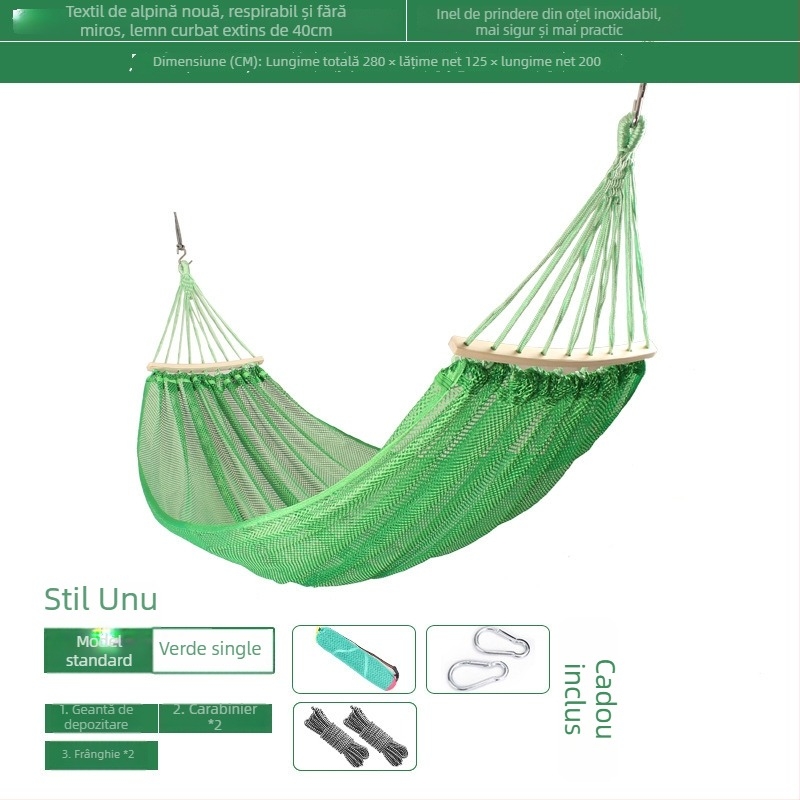 Hamac exterior din plasă respirabilă pentru camping, fără suport; materialul feței: bumbac/nylon.