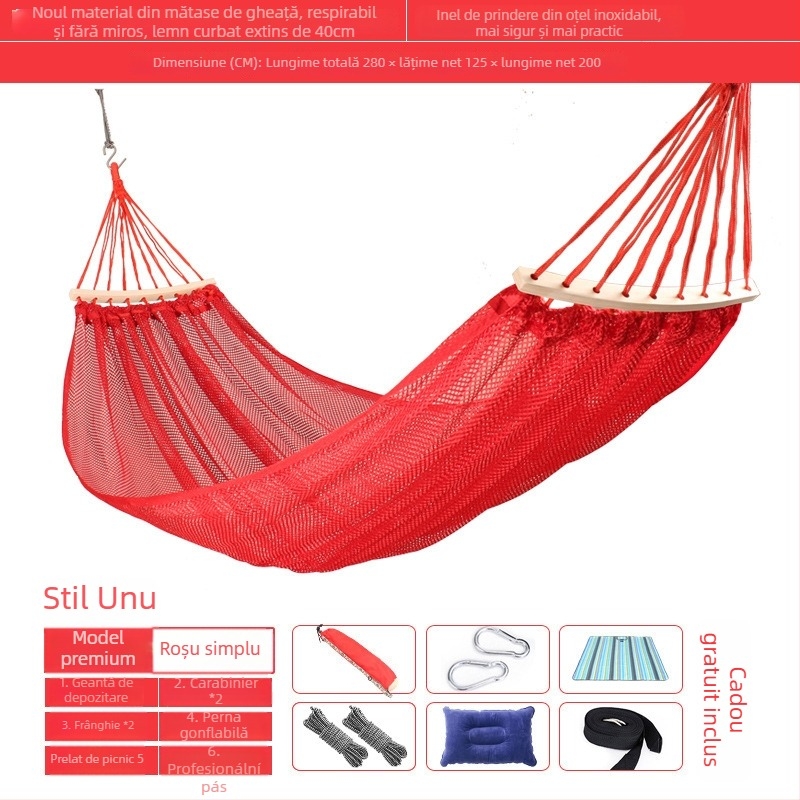 Hamac exterior din plasă respirabilă pentru camping, fără suport; materialul feței: bumbac/nylon.