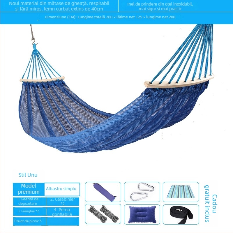 Hamac exterior din plasă respirabilă pentru camping, fără suport; materialul feței: bumbac/nylon.
