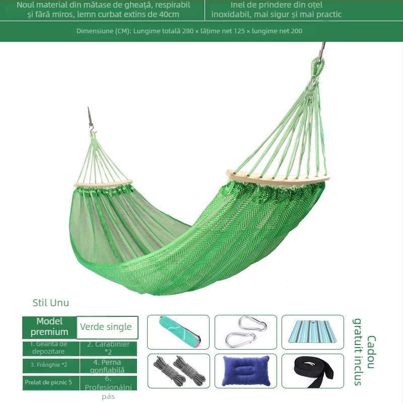 Hamac exterior din plasă respirabilă pentru camping, fără suport; materialul feței: bumbac/nylon.