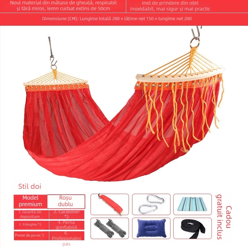 Hamac exterior din plasă respirabilă pentru camping, fără suport; materialul feței: bumbac/nylon.