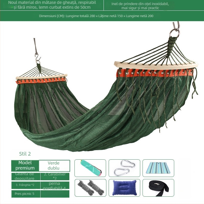 Hamac exterior din plasă respirabilă pentru camping, fără suport; materialul feței: bumbac/nylon.