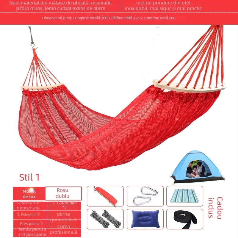 Hamac exterior din plasă respirabilă pentru camping, fără suport; materialul feței: bumbac/nylon.