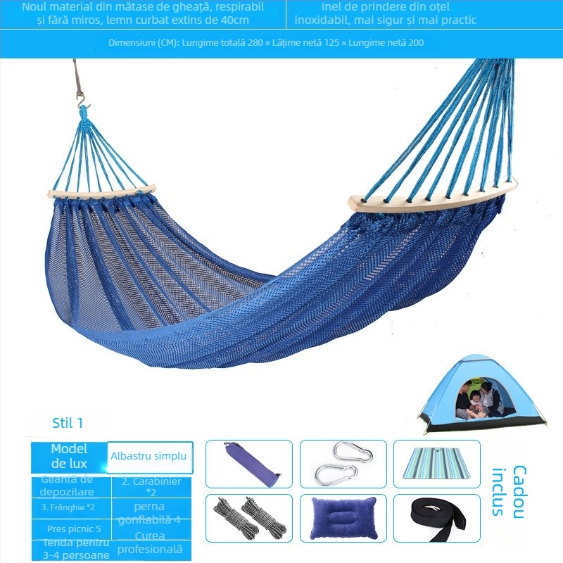 Hamac exterior din plasă respirabilă pentru camping, fără suport; materialul feței: bumbac/nylon.