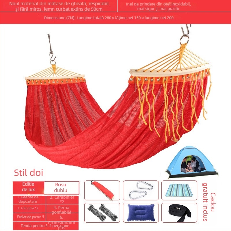 Hamac exterior din plasă respirabilă pentru camping, fără suport; materialul feței: bumbac/nylon.