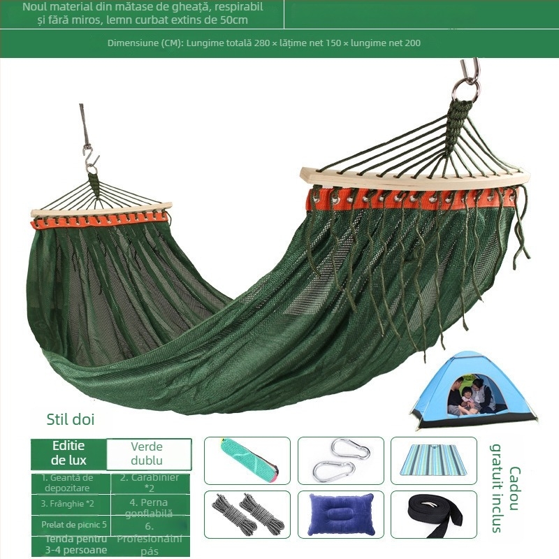 Hamac exterior din plasă respirabilă pentru camping, fără suport; materialul feței: bumbac/nylon.