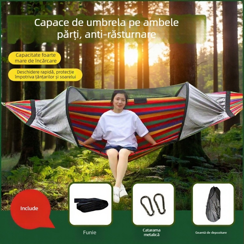 Hamac de exterior cu plasă anti-țânțari și protecție solară, din pânză, capacitate de încărcare până la 600 kg, greutate 1.7–2.7 kg, fără suport, pentru o singură persoană