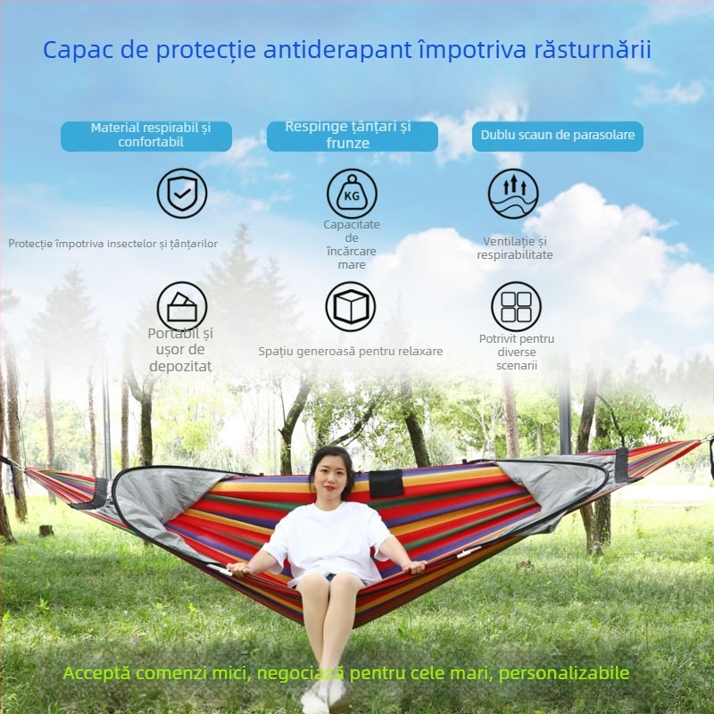 Hamac de exterior cu plasă anti-țânțari și protecție solară, din pânză, capacitate de încărcare până la 600 kg, greutate 1.7–2.7 kg, fără suport, pentru o singură persoană
