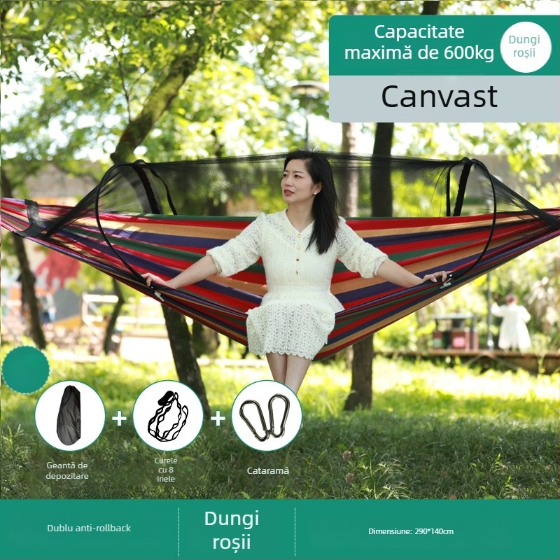 Hamac de exterior cu plasă anti-țânțari și protecție solară, din pânză, capacitate de încărcare până la 600 kg, greutate 1.7–2.7 kg, fără suport, pentru o singură persoană