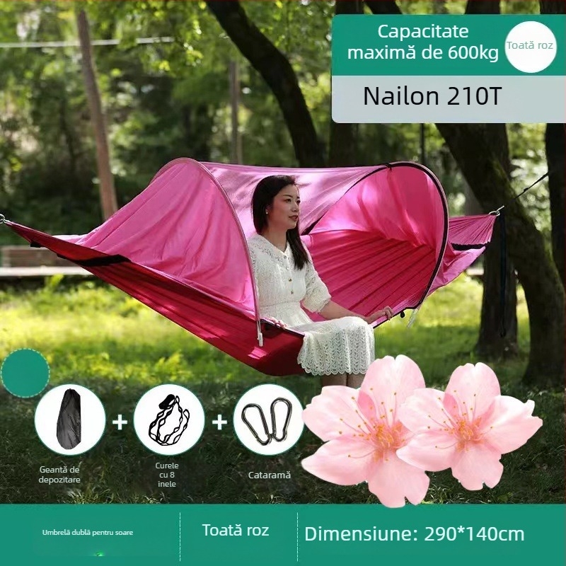 Hamac de exterior cu plasă anti-țânțari și protecție solară, din pânză, capacitate de încărcare până la 600 kg, greutate 1.7–2.7 kg, fără suport, pentru o singură persoană