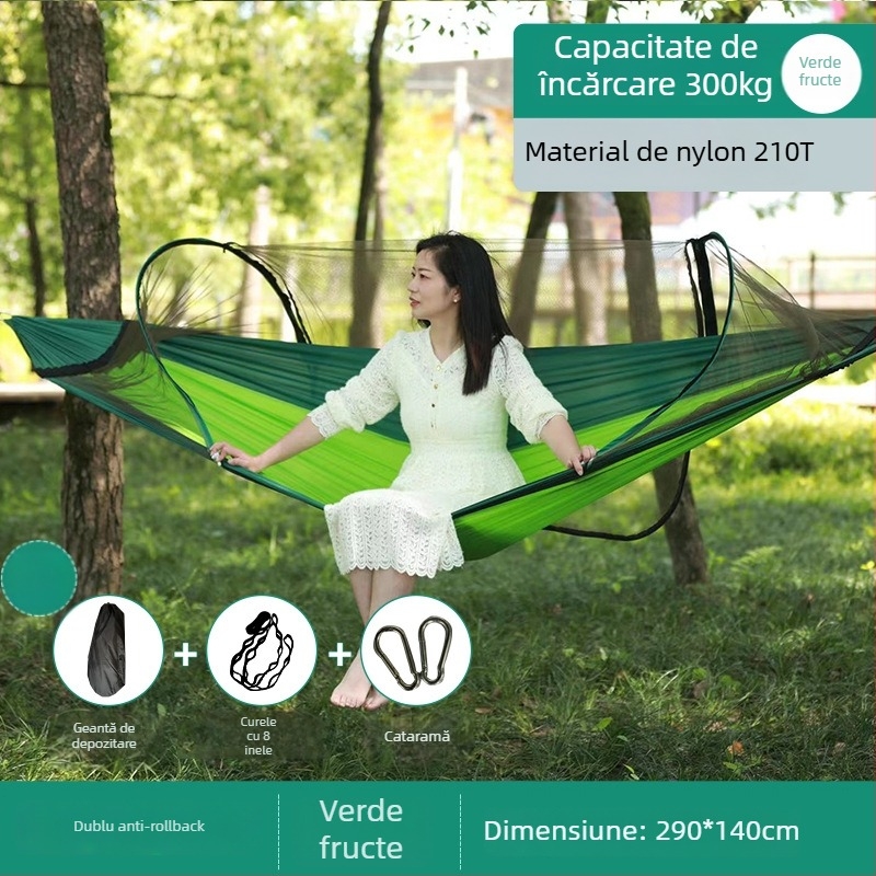 Hamac de exterior cu plasă anti-țânțari și protecție solară, din pânză, capacitate de încărcare până la 600 kg, greutate 1.7–2.7 kg, fără suport, pentru o singură persoană