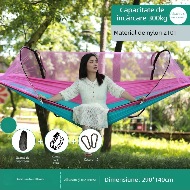 Hamac de exterior cu plasă anti-țânțari și protecție solară, din pânză, capacitate de încărcare până la 600 kg, greutate 1.7–2.7 kg, fără suport, pentru o singură persoană