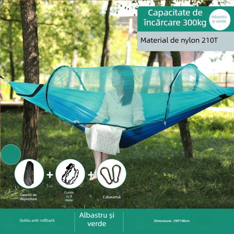 Hamac de exterior cu plasă anti-țânțari și protecție solară, din pânză, capacitate de încărcare până la 600 kg, greutate 1.7–2.7 kg, fără suport, pentru o singură persoană