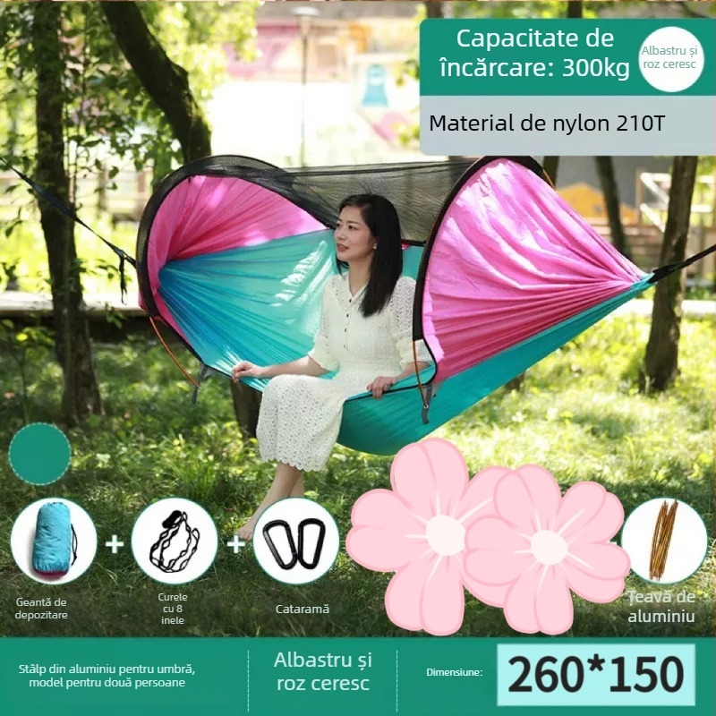 Hamac de exterior cu plasă anti-țânțari și protecție solară, din pânză, capacitate de încărcare până la 600 kg, greutate 1.7–2.7 kg, fără suport, pentru o singură persoană