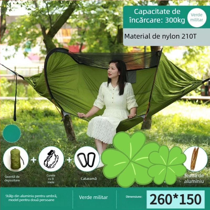 Hamac de exterior cu plasă anti-țânțari și protecție solară, din pânză, capacitate de încărcare până la 600 kg, greutate 1.7–2.7 kg, fără suport, pentru o singură persoană