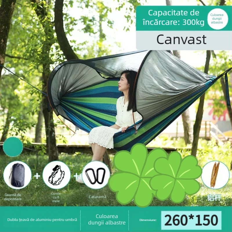 Hamac de exterior cu plasă anti-țânțari și protecție solară, din pânză, capacitate de încărcare până la 600 kg, greutate 1.7–2.7 kg, fără suport, pentru o singură persoană