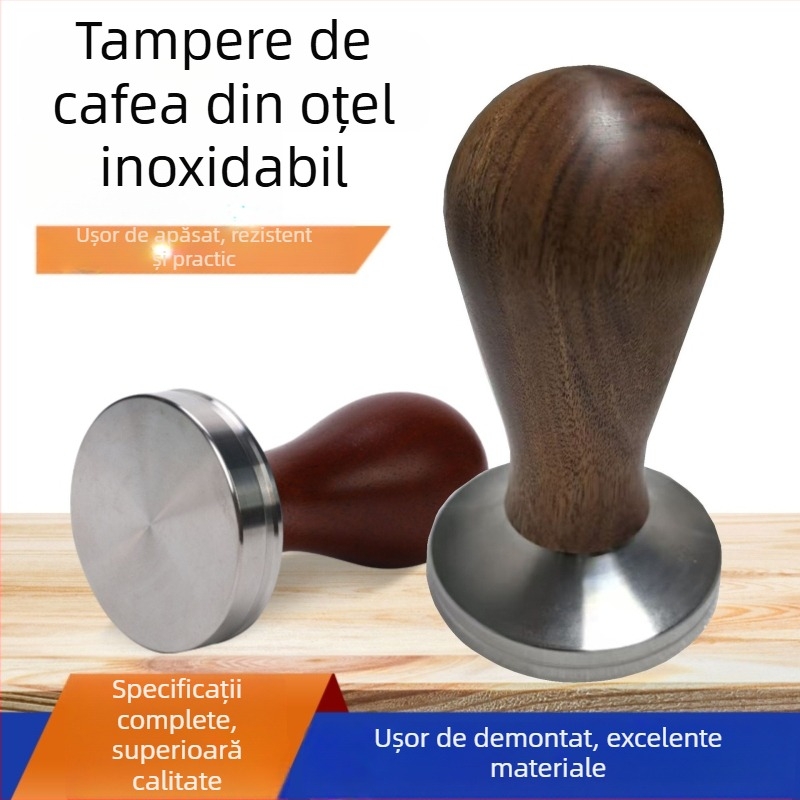 Tamper pentru espresso cu corp din oțel inoxidabil și mâner din lemn, 300 g, stil minimalist modern