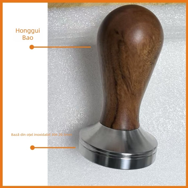 Tamper pentru espresso cu corp din oțel inoxidabil și mâner din lemn, 300 g, stil minimalist modern