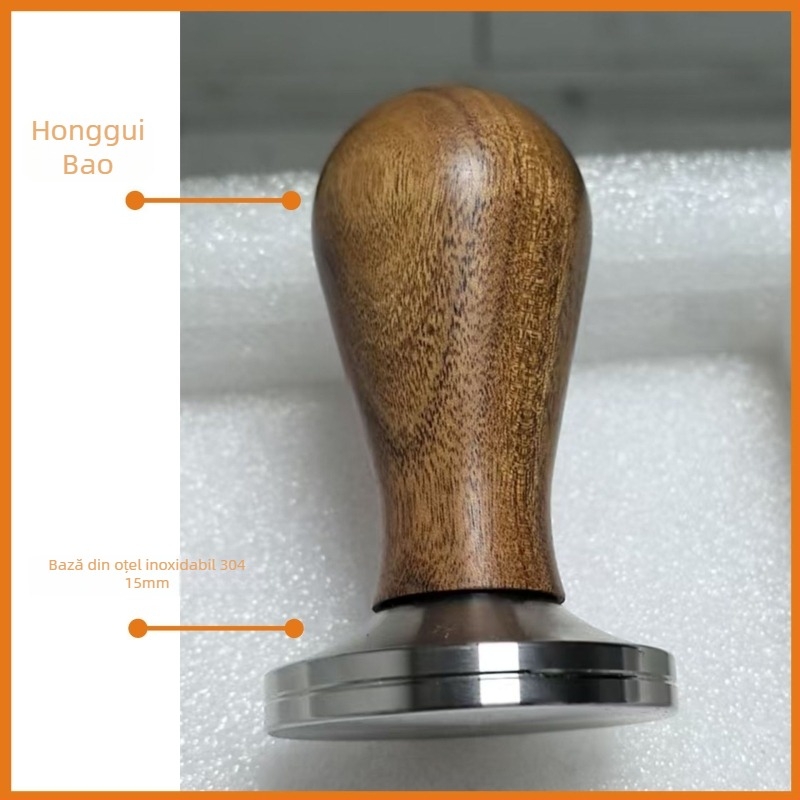 Tamper pentru espresso cu corp din oțel inoxidabil și mâner din lemn, 300 g, stil minimalist modern
