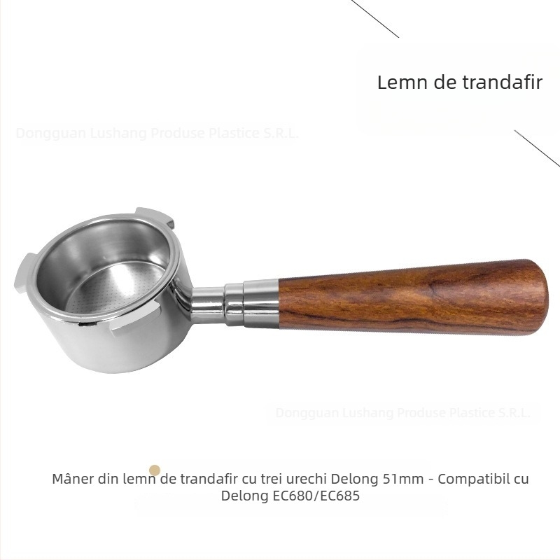 Mâner portafiltru bottomless pentru capul E61, din oțel inoxidabil cu mâner din lemn; compatibil cu Delong, Platinum Rich și Aibao