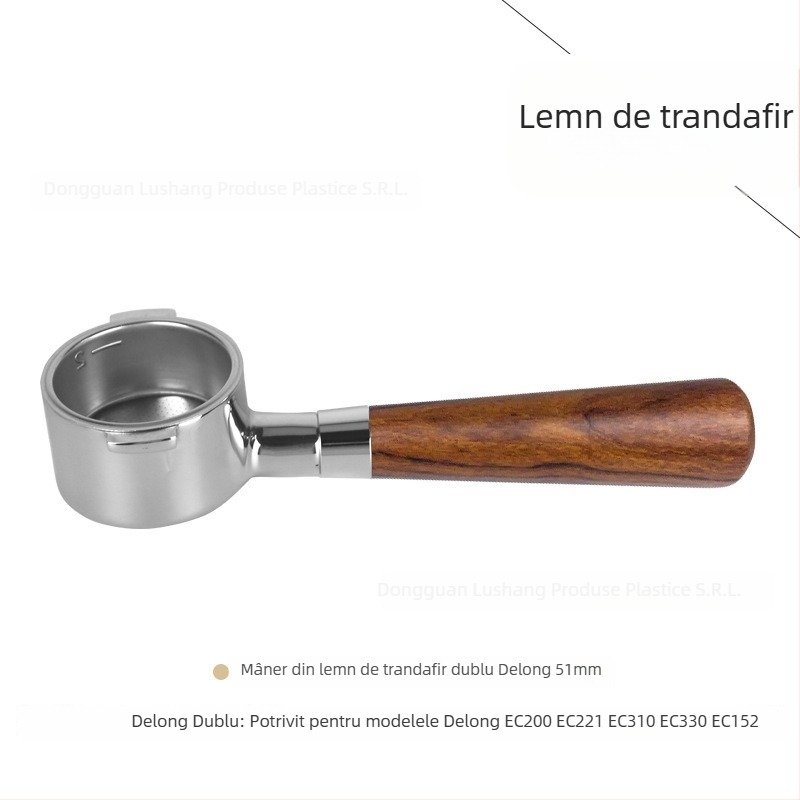 Mâner portafiltru bottomless pentru capul E61, din oțel inoxidabil cu mâner din lemn; compatibil cu Delong, Platinum Rich și Aibao