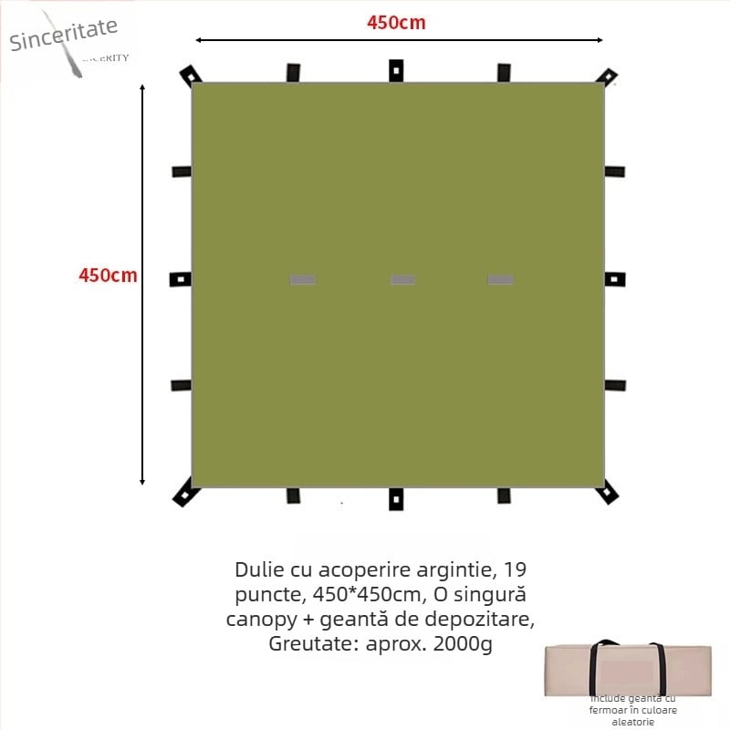 Umbră de camping cu design piramidal de 19 puncte (Xin ao, cod 0516, bumbac, impermeabilitate 3000–6000 mm, formă pătrată)