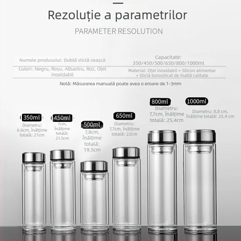 ceașcă de ceai din borosilicat cu pereți dubli, capac și strecurător – etanșă, logo personalizat disponibil, cadou de birou pentru bărbați