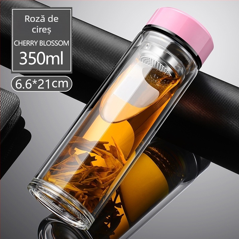 ceașcă de ceai din borosilicat cu pereți dubli, capac și strecurător – etanșă, logo personalizat disponibil, cadou de birou pentru bărbați