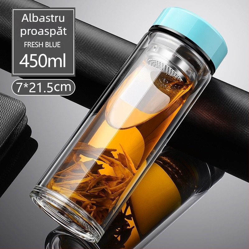 ceașcă de ceai din borosilicat cu pereți dubli, capac și strecurător – etanșă, logo personalizat disponibil, cadou de birou pentru bărbați