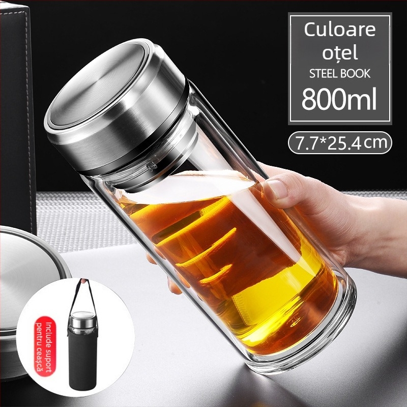 ceașcă de ceai din borosilicat cu pereți dubli, capac și strecurător – etanșă, logo personalizat disponibil, cadou de birou pentru bărbați