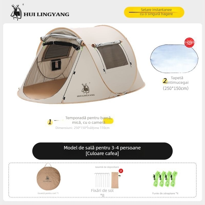 Cort piramidal pentru camping, cu un singur strat, montaj manual, exterior poliester, rezistență la apă 2000–3000 mm